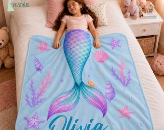 Personalized Mermaid Tail Blanket, Custom Kids Name Blanket, Baby Blanket With Name, Mermaid Birthday Gift For Kids, Daughter Birthday Gift