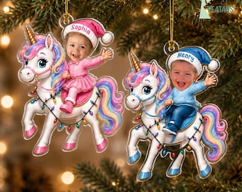 Kid Rides Unicorn Ornament, Custom Photo Ornament, Kids Face Ornament, Unicorn Ornament, Christmas Gift For Kids, Custom Name Ornament Gifts