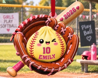 Personalized Softball Dumpling 3D Ornament, Softball Ornament, Squishy Custom Name Ornament, Sport Ornament, Kids Christmas Gift for Girls