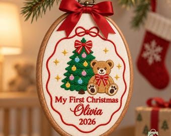 Personalized Baby’s First Christmas Embroidered Ornament, Custom Newborn Hoop Gift, First Christmas Keepsake, Baby Shower Gift,New Baby Gift
