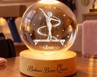 Personalized Gymnastics Crystal Ball Night Light, Custom Balance Beam Queen Lamp, Gymnast Gift for Girls Daughter, Birthday Christmas Gift