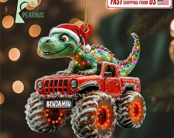 Custom Dinosaur Christmas Ornament, Monster Truck Ornament, Boys Dino Christmas Ornament,Baby Boy Christmas Present,Christmas Gift For Child
