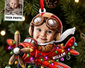 Personalized Baby Pilot 3D Ornament, Plane Ornament, Baby Photo Face Keepsake, Baby's First Christmas Gift, Airplane Gift,Baby Face Ornament