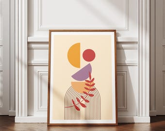 Boho Geometric Plant Print: Neutral Abstract Wall Art (Digital Download)