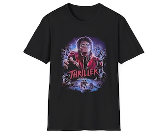 May include: Black t-shirt with a graphic of Michael Jackson from the Thriller music video. The graphic shows Michael Jackson with a red jacket and a group of zombies behind him. The text "Thriller" is printed in red below the graphic.