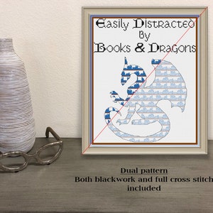 Easily Distracted by Books and Dragons Cross Stitch