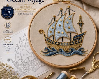 Ocean Voyage Goldwork Embroidery Pattern PDF | Sailing Ship Goldwork Design | Digital Download | Advanced Embroidery Pattern