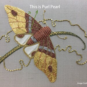 May include: A close-up of a gold, brown, and white embroidered butterfly with the text "This is Purl Pearl" above it.