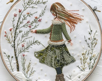 Embroidery Pattern of a Girl Strolling Amidst Floral Whispers |  PDF Download of the pictures to use as patterns for embroidery