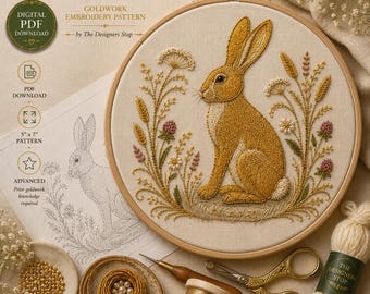 Goldwork Hare Embroidery Pattern PDF | Rabbit in Meadow Embroidery Transfer | Tambour Goldwork Design | Nature Embroidery Pattern