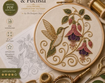 Hummingbird and Fuchsia Goldwork Embroidery Pattern PDF | Tambour Embroidery Pattern | Digital Download | Bird and Floral Transfer