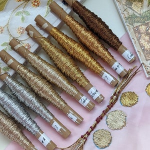 Best couching thread for goldwork hand embroidery in gold, silver and chocolate color, Metallic Threads and cords, hand embroidery