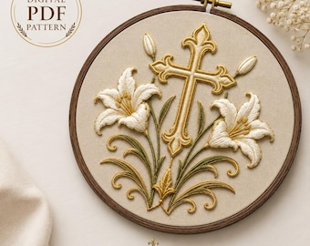 Cross & Lilies Goldwork Embroidery Pattern PDF, Christian Cross Hand Embroidery, Religious Floral Pattern, Church Embroidery Design