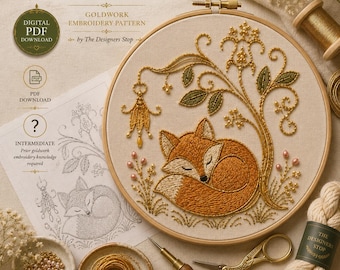 Fox in the Meadow Goldwork Embroidery Pattern PDF | Tambour Embroidery Pattern | Digital Download | Woodland Fox | Hand Embroidery Transfer