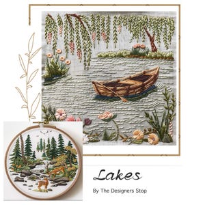 Whimsical Lake Serenade Hand Embroidery Pattern | Stick and Stitch Embroidery| Peal and Stick Embroidery pattern of a lake