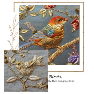 May include: Detailed embroidery of colorful birds perched on branches with leaves and flowers. The birds feature shades of orange, blue, green, and gold. The text "Birds" and "By Thee Designers Stop" is visible.