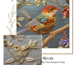 May include: Detailed embroidery of colorful birds perched on branches with leaves and flowers. The birds feature shades of orange, blue, green, and gold. The text "Birds" and "By Thee Designers Stop" is visible.
