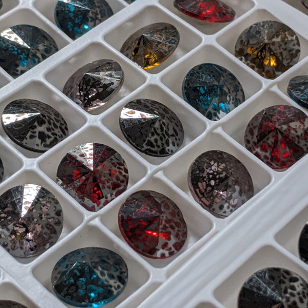 Black Patina 12mm Rivoli Crystal for Jewelry and Embroidery, Blue Red Sunflower Black Patina crystals, Set of 5 crystals
