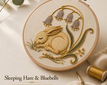 Sleeping Hare Goldwork Embroidery Pattern PDF | Bluebell Rabbit Embroidery | Digital Goldwork Pattern | Hand Embroidery Download