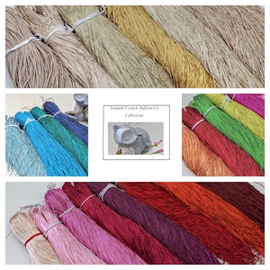 May include: Assortment of smooth French bullion fringe in various colors, including beige, gold, teal, blue, green, red, orange, pink, and purple. The fringe is arranged in rows, with each row featuring a different color. The text "Smooth French Bullion V2 Collection" is visible in the center of the image.