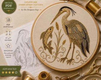 Heron & Fish Goldwork Embroidery Pattern PDF | Digital Download | Bird Embroidery Transfer | Goldwork Pattern | 5x7 Embroidery Design