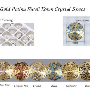May include: Gold patina Rivoli 12mm crystal rhinestones in various colors, including rose mist, crimson red, crystal, aqua, sunflower, and black. The crystals are shown on a gray background. The back coating of the crystals is shown in a separate image.