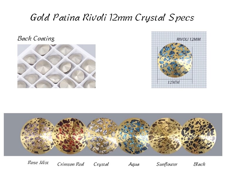 May include: Gold patina Rivoli 12mm crystal rhinestones in various colors, including rose mist, crimson red, crystal, aqua, sunflower, and black. The crystals are shown on a gray background. The back coating of the crystals is shown in a separate image.