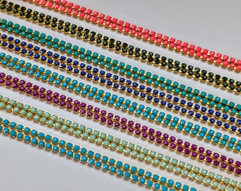Opaque Rhinestone cup chain trim 2mm in Mint Green, Turquoise, Pink, Green gold setting for embroidery craft and jewelry, Price per Yard