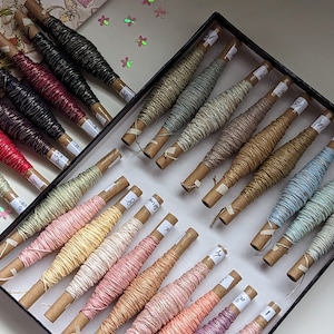 Può includere: Una scatola con 20 bobine di filo da ricamo in varie tonalità di beige, rosa, blu e verde. Le bobine sono disposte in file e sono numerate.