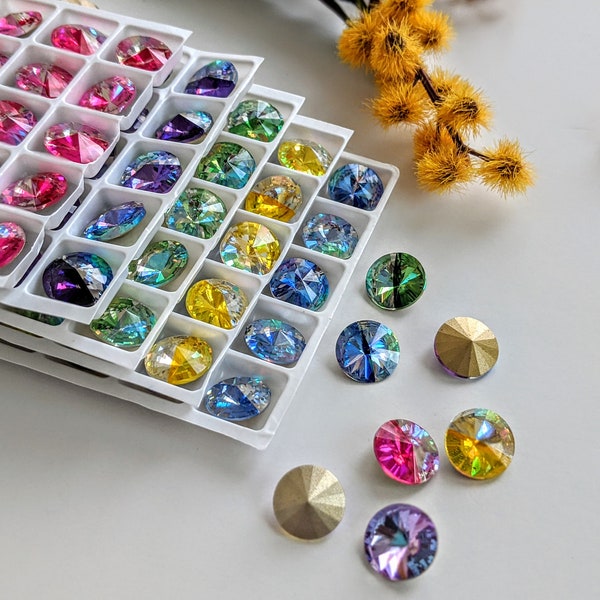 New 12mm Crystal Rivoli Stones 1122 in Blue Rose Violet Green Colors, Point back rhinestones foiled back