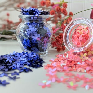 Bloem losse pailletten, roze paillettenbloem, indigoblauwe paillettenbloem, bloemen pailletten