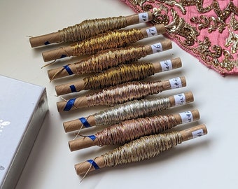 Best rounded couching thread for metalwork, goldwork or tambour hand embroidery in shades of gold, rosegold and antique