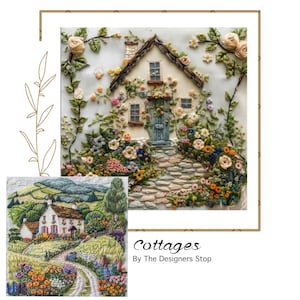 Whimsical Cottage Embroidery Patterns | Stick and Stitch Embroidery| Peal and Stick Embroidery pattern of a house or cottage with garden