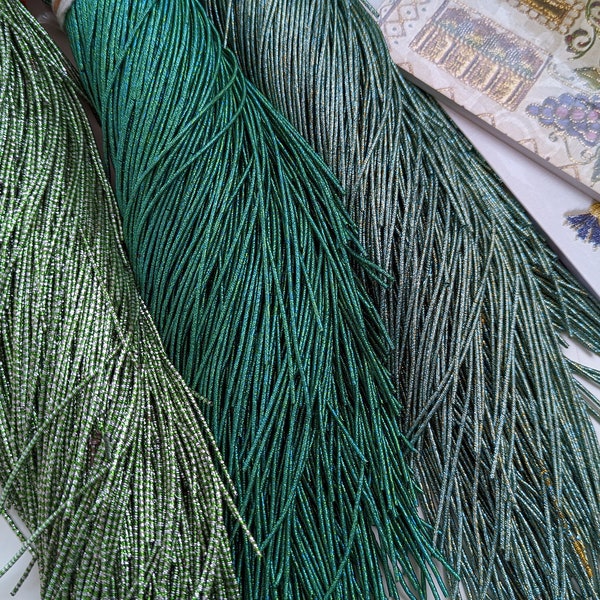 Goldwork thread supplies for hand embroidery in shades of sea green, french bullion wires, rough purl, metallic purl, metal embroidery