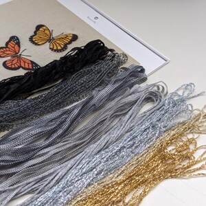 May include: A close-up of a variety of embroidery floss in black, gray, silver, and gold colors. The floss is arranged in rows, with the black floss at the top and the gold floss at the bottom.