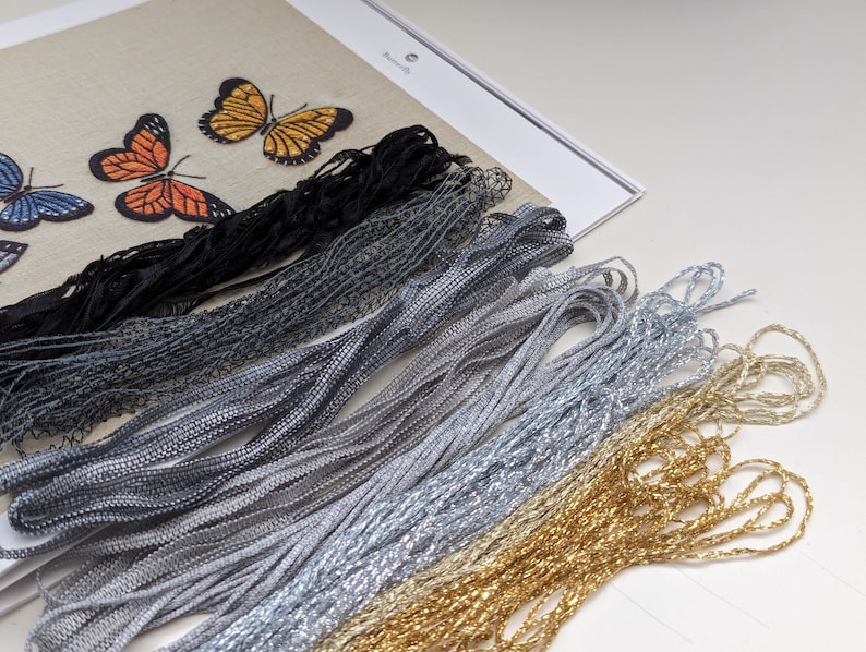 May include: A close-up of a variety of embroidery floss in black, gray, silver, and gold colors. The floss is arranged in rows, with the black floss at the top and the gold floss at the bottom.