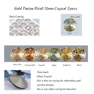 May include: Gold patina Rivoli 12mm crystal specs.  The image shows a close-up of a 12mm crystal with a gold patina finish.  The crystal has a point back and is available in a variety of colors, including rose mist, crimson red, crystal, aqua, sunflower, and black.  The text "RIVOLI 12MM" is visible in the image.