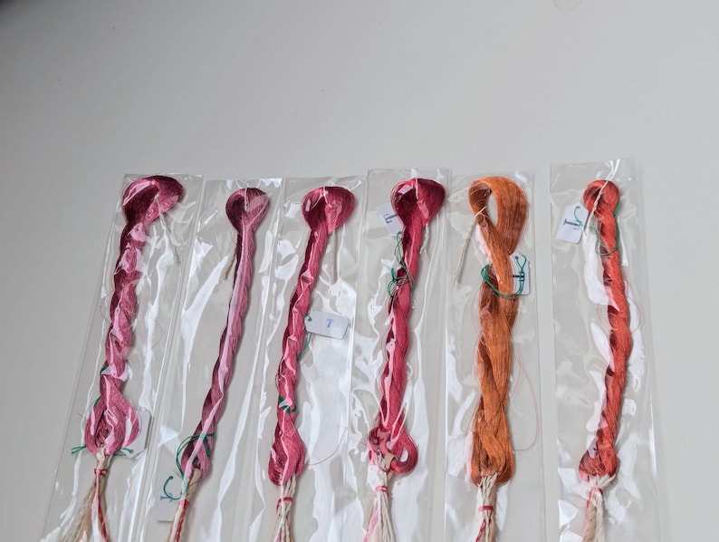Op de afbeelding: Zes individuele bundels borduurgaren, elk verpakt in een doorzichtige plastic hoes. De collectie bevat vier tinten roze en magenta, &eacute;&eacute;n oranje en &eacute;&eacute;n roodachtig oranje, allemaal voorzien van kleine witte papieren labels aan de draad.
