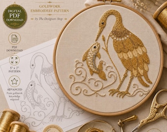 Crane and Koi Goldwork Embroidery Pattern | PDF Digital Download | Japanese Inspired Design | Bullion Embroidery Transfer Pattern