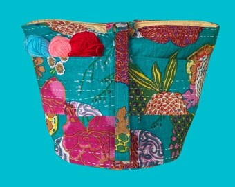 Kantha Stitched Circular Project Tote, Large Circular Knitting Bag, Self Standing Large Project Bag, Beautiful One of a Kind Knitting Bag