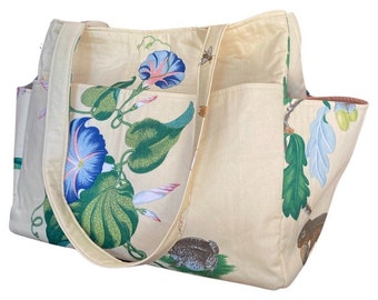Garden Large Project Bag, Gift For Knitter, Weekend Project Bag, Garden Setting Large Yarn Bag, Flowers Squirrel, Caterpillar,Frog Bag, Yarn