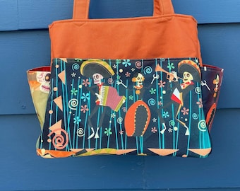 Day of the Dead Knitting Bag, Skelton and Frida Project Tote, Self Standing Medium Project Bag, Yarn and Needle Storage Bag, Halloween Tote