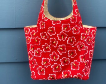 Hibiscus Flower Tote,Hibiscus Project Tote, Knitting Project Bag,Red Floral Tote With Pockets, Tropical Floral Tote, Yarn and Needle Storage