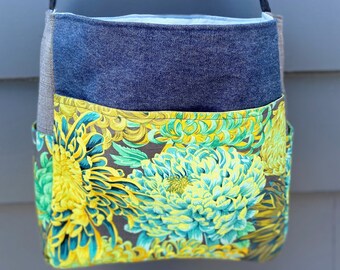 Kaffe Fassett Dahlia Tote, Floral and Repurposed Blue Jean Tote, Used Blue Jean Denim Bag, Knitting Project Bag, Large Project Bag, Yarn Bag