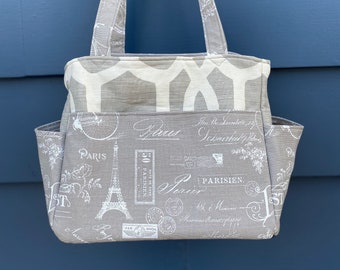 Oui Oui Paris Project Tote, Gray and White French Tote, Medium Expanding Knitting Tote, Repurposed Fabric Scrap Yarn Bag, Yarn Storage Bag