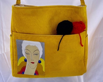 One Amazing Woman Tote, Dark Yellow Ultra Suede Tote With Art, A Tote For Women, Strong Woman Knitting Bag, Medium Project Tote, Yarn Tote