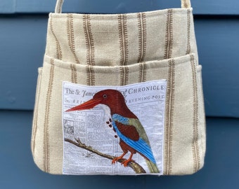 Natural Linen Bird Tote, Large Project Tote, Knitting Project Tote, Bird Tote, Yarn and Needle Storage Bag, Tote With Deep Pockets, Yarn Bag