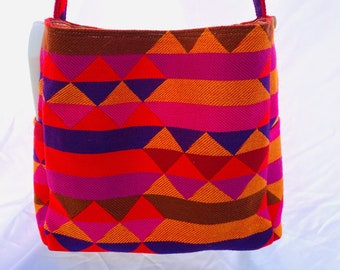 Bright Woven Medium Tote, One of a Kind Tote, Repurposed Fabric Tote, Knitting Project Tote, Yarn Tote, Woven Fabric Tote, Project Yarn Tote