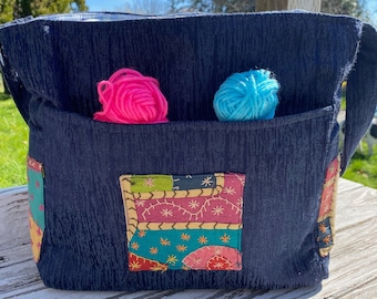 Medium Tote With Stitched Patchwork, Kantha Textile Scraps, Dark Blue Medium Knitting Bag, Medium Yarn Project Bag, Repurposed Fabric Tote