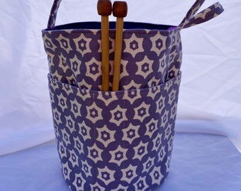 Circular Purple and White Knitting Bag, Circular Project Bag, Gift For Knitter, Small Knitting Project Bag, Repurposed Fabric Project Bag